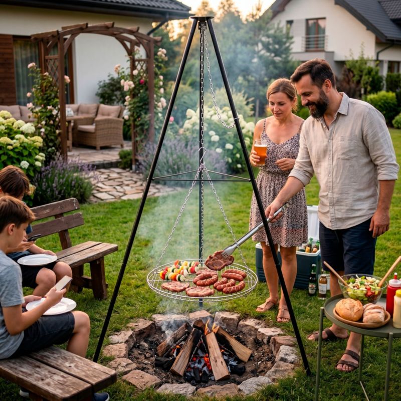 Grill Springos ogrodowy na stojaku z regulacją wysokości, ruszt grillowy 50 cm ogniskowy 1 szt.