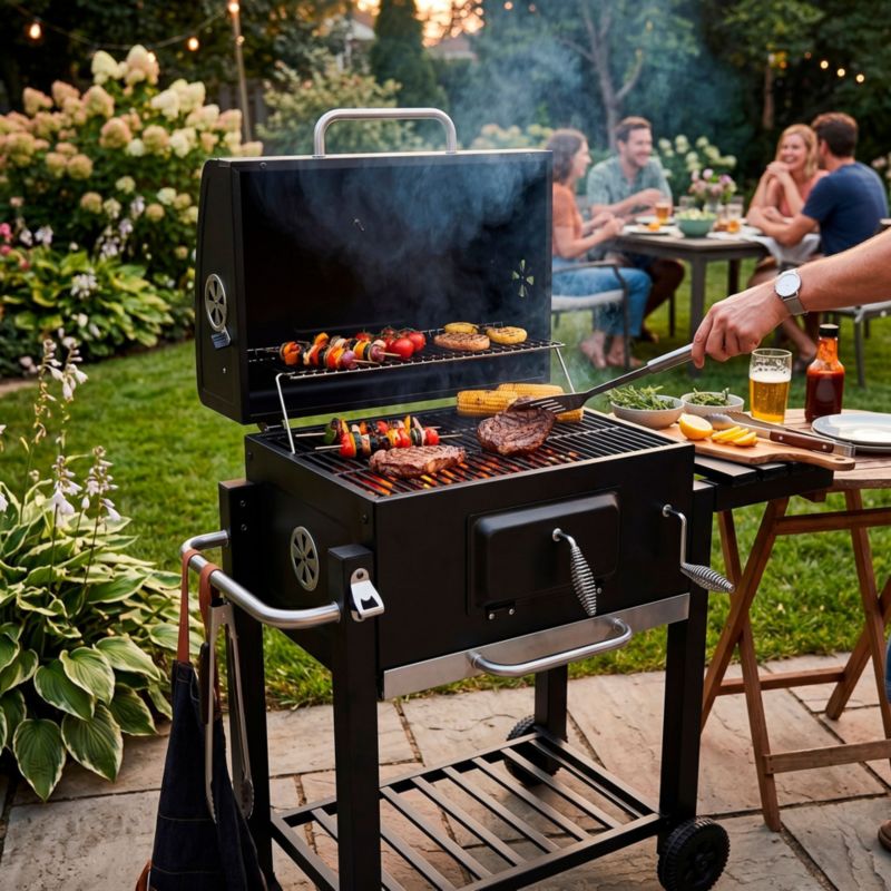 Grill Springos ogrodowy na węgiel, pokrywa z termometrem, ruszt emaliowany 1 szt.