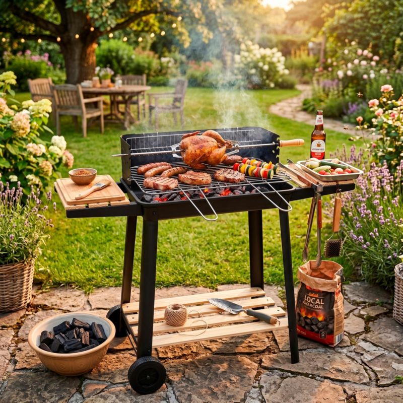 Grill Springos węglowy z regulacją wysokości, grill ogrodowy z widelcami i rusztem, przenośny 1 szt.
