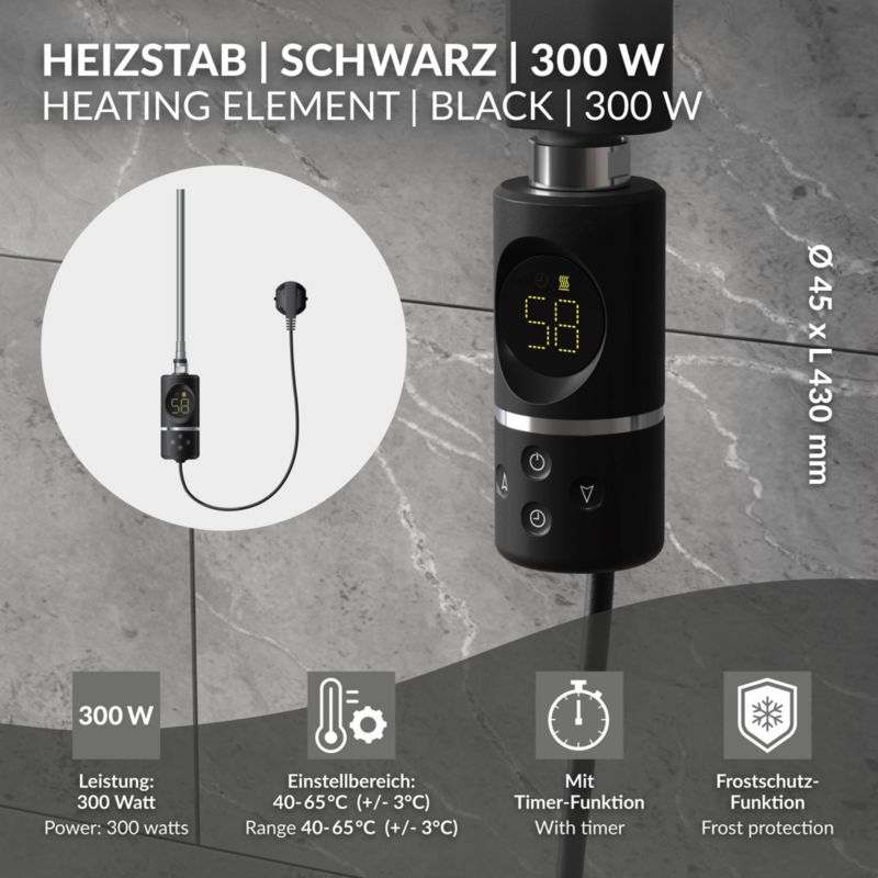 Grzałka elektryczna LuxeBath 300W czarna termostat timer wyświetlacz cyfrowy elektroniczny regulator temperatury wkład wtyk 1 szt