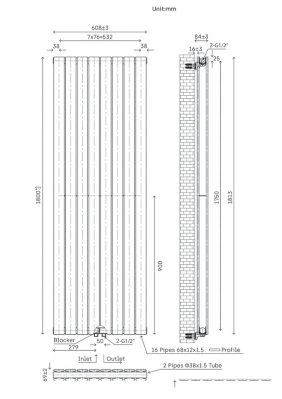Grzejnik dekoracyjny Faringdon 180 x 60,8 cm cm biały