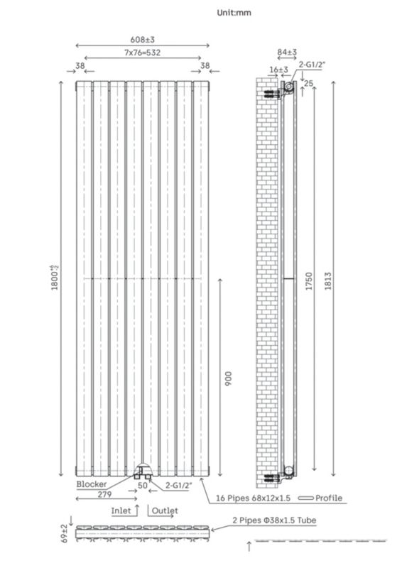 Grzejnik dekoracyjny Faringdon 180 x 60,8 cm cm biały