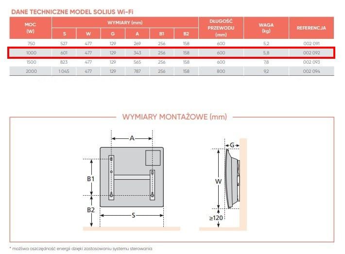 Grzejnik konwektor elektryczny Atlantic Solius Wi-Fi 1000W 601x477x129mm 1szt