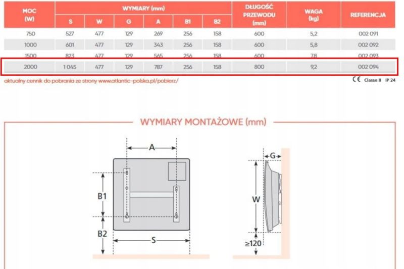 Grzejnik konwektor elektryczny Atlantic Solius Wi-Fi 2000W 1045x477x129mm 1szt