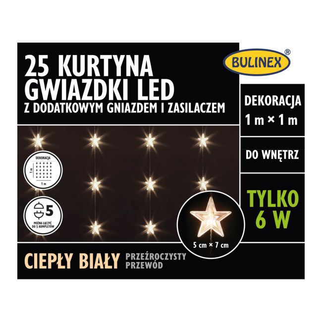 Gwiazdki LED Bulinex 25 lampek 1 x 1 m z gniazdem i zasilaczem wewnętrzne ciepła biała