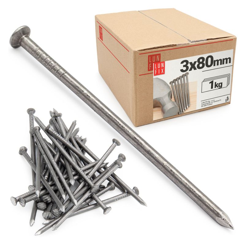 Gwoździe budowlane 3x80 mm Lun Fix czarne gładkie krokwiowe 1 kg ok. 220szt.