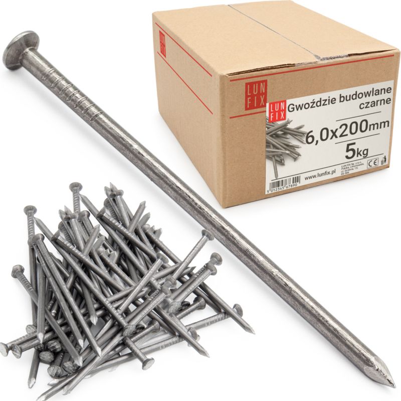 Gwoździe Lun Fix budowlane 6x200 mm gładkie 5kg ok. 110szt.