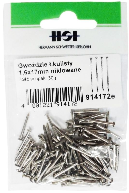 Gwoździe z łbem kulistym stalowe niklowane 1,6 x 17 mm 30 g