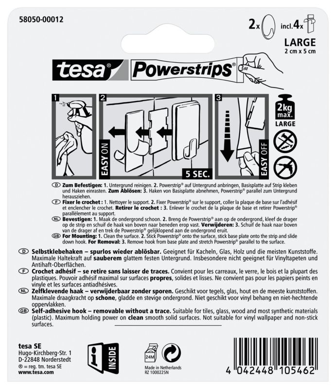 Haczyk samoprzylepny owalny Tesa duży 2 kg 2 szt. biały