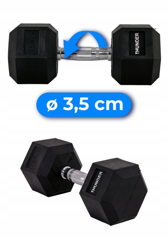 Hantla hexagonalna 15 kg THUNDER HEXAGONAL-DUMBBELLS-15KG gumowana stalowa profesjonalna 1szt.