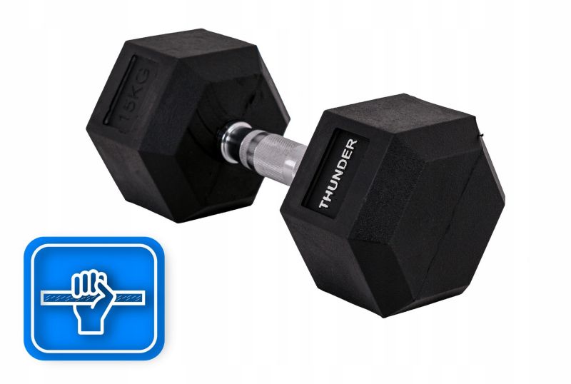Hantla hexagonalna 15 kg THUNDER HEXAGONAL-DUMBBELLS-15KG gumowana stalowa profesjonalna 1szt.