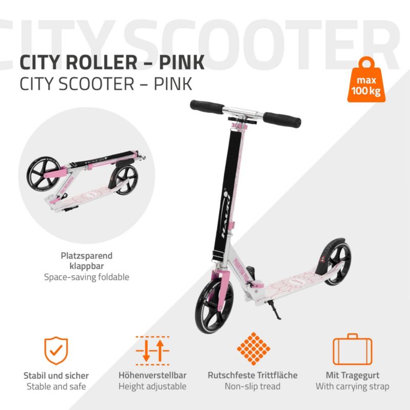 Hulajnoga składana Hauki Cityroller różowa duże koła XXL lekka dla dzieci i dorosłych hamulec podpórka pasek transport 1 szt