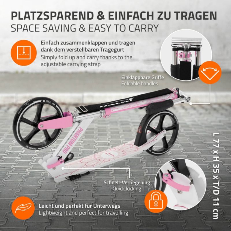 Hulajnoga składana Hauki Cityroller różowa duże koła XXL lekka dla dzieci i dorosłych hamulec podpórka pasek transport 1 szt