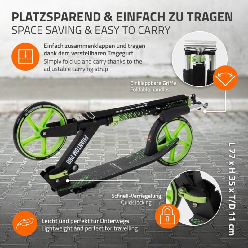 Hulajnoga składana Hauki Cityroller zielony duże koła XXL lekka dla dzieci i dorosłych hamulec podpórka pasek transport 1 szt