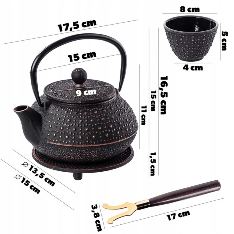 Imbryk KADAX Zaparzacz Herbaty Ziół Dzbanek Żeliwny 800ml Sitko + 4 Czarki Czarny 1szt.