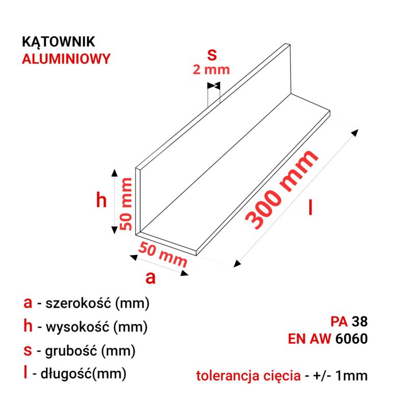 Kątownik Aluminiowy GAL-INDUSTRIAL 50x50x2mm 30cm Aluminium EN6060 PA38+Cięcie na wymiar 1 szt.