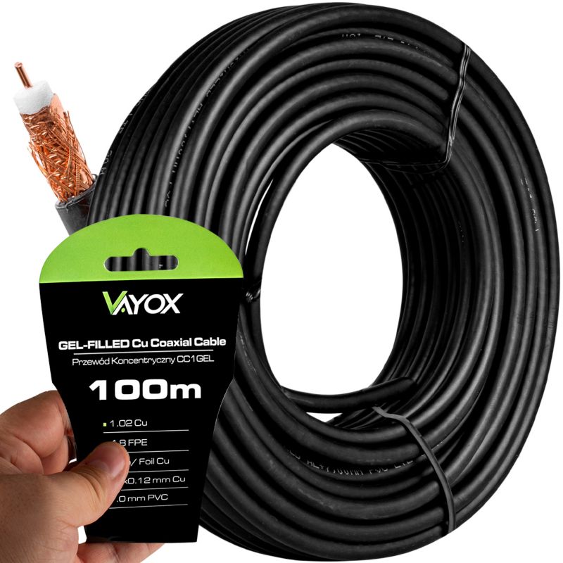 Kabel koncentryczny Vayox CC1-100GEL antenowy żelowany Cu 75 Ohm czarny 100m 1 szt.