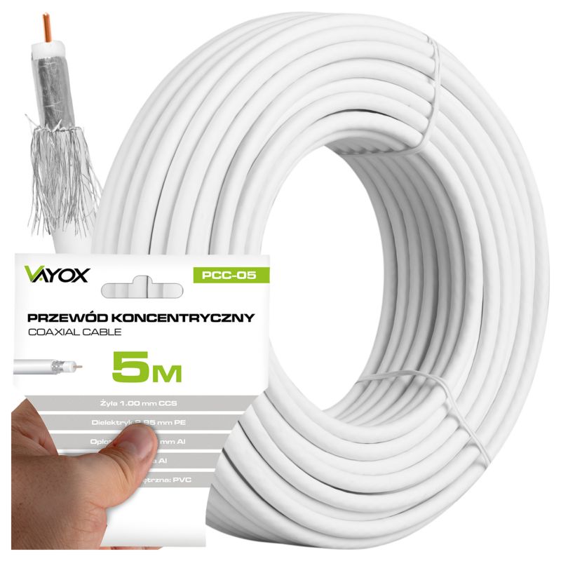Kabel koncentryczny Vayox PCC-05 antenowy CCS 75 Ohm 5m 1 szt.