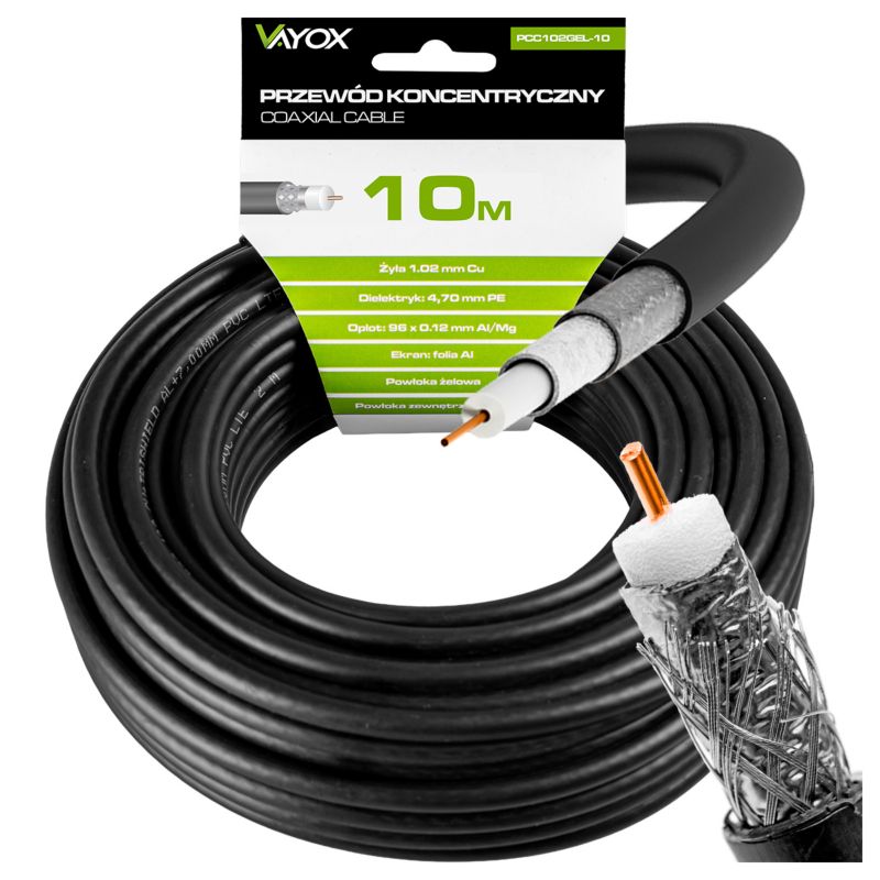 Kabel koncentryczny Vayox PCC102GEL-10 antenowy żelowany Cu 75 Ohm czarny 10m 1 szt.