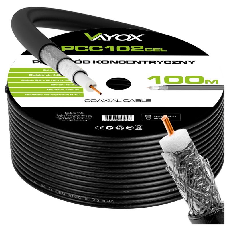 Kabel koncentryczny Vayox PCC102GEL-100 antenowy żelowany Cu 75 Ohm czarny 100m 1 szt.