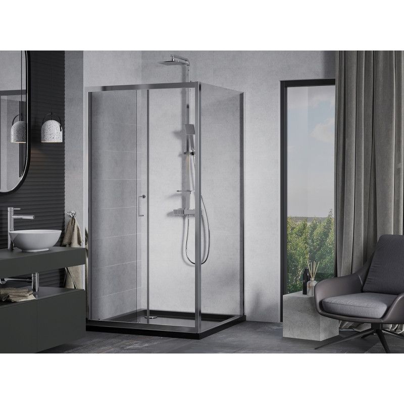 Kabina prysznicowa Mexen Apia rozsuwana 100 x 100 cm transparent chrom + brodzik Flat czarny