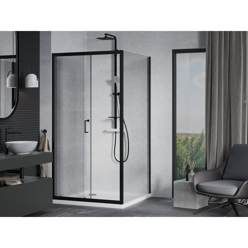Kabina prysznicowa Mexen Apia rozsuwana 100 x 100 cm transparent czarna + brodzik Flat biały