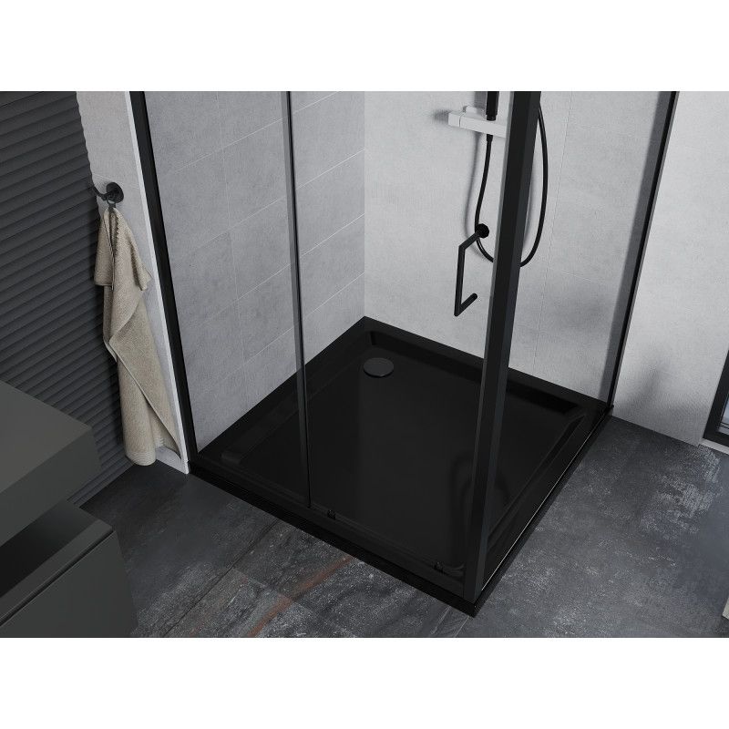 Kabina prysznicowa Mexen Apia rozsuwana 100 x 100 cm transparent czarna + brodzik Flat czarny