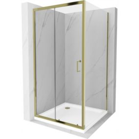 Kabina prysznicowa Mexen Apia rozsuwana 100 x 100 cm transparent złota + brodzik Flat biały