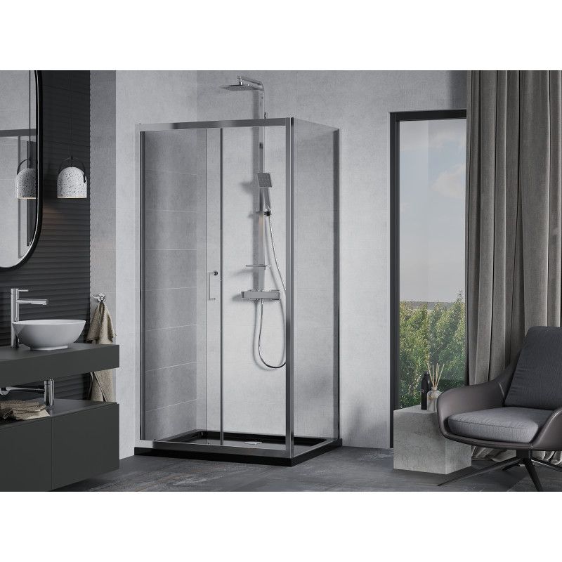 Kabina prysznicowa Mexen Apia rozsuwana 100 x 80 cm transparent chrom + brodzik Flat czarny