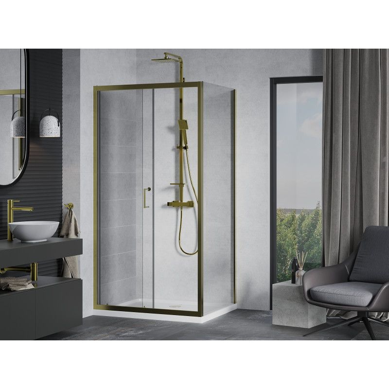 Kabina prysznicowa Mexen Apia rozsuwana 100 x 90 cm transparent złota + brodzik Flat biały