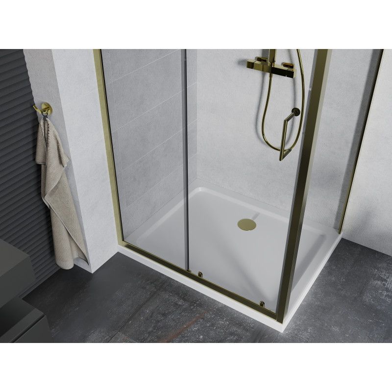 Kabina prysznicowa Mexen Apia rozsuwana 100 x 90 cm transparent złota + brodzik Flat biały