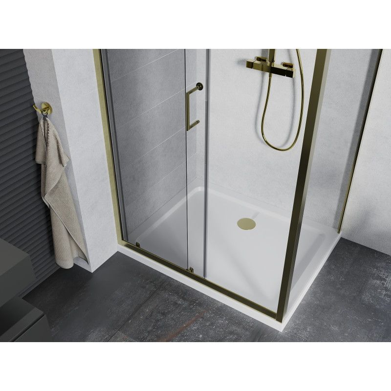 Kabina prysznicowa Mexen Apia rozsuwana 100 x 90 cm transparent złota + brodzik Flat biały