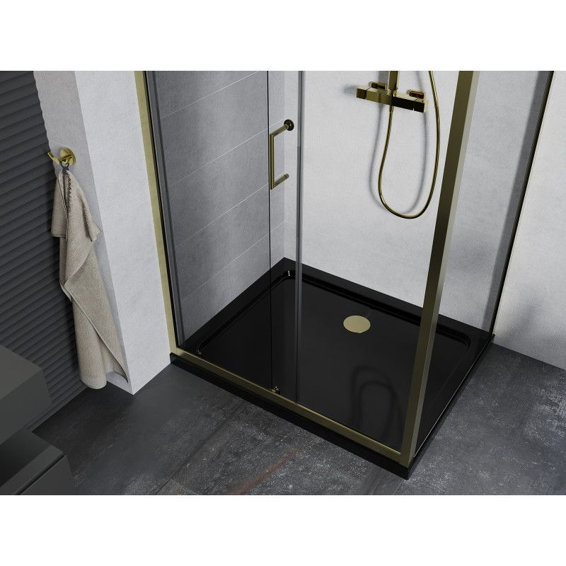 Kabina prysznicowa Mexen Apia rozsuwana 130 x 90 cm transparent złota + brodzik Flat czarny