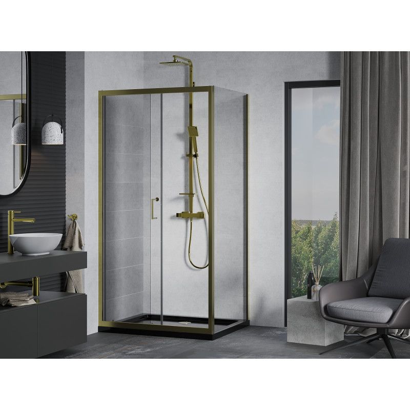 Kabina prysznicowa Mexen Apia rozsuwana 140 x 70 cm transparent złota + brodzik Flat czarny
