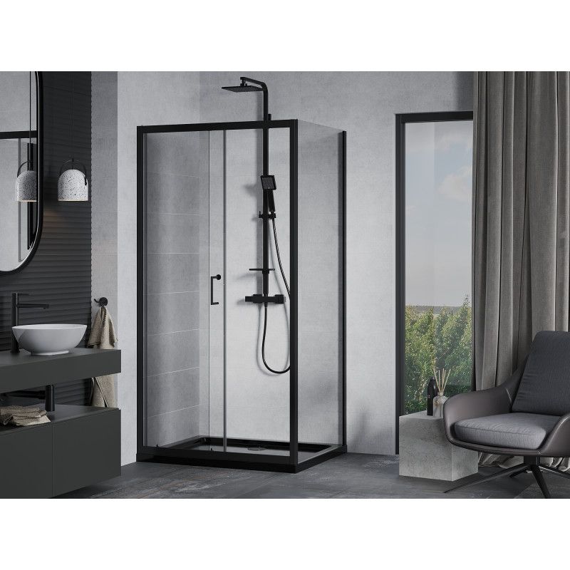 Kabina prysznicowa Mexen Apia rozsuwana 90 x 100 cm transparent czarna + brodzik Flat czarny