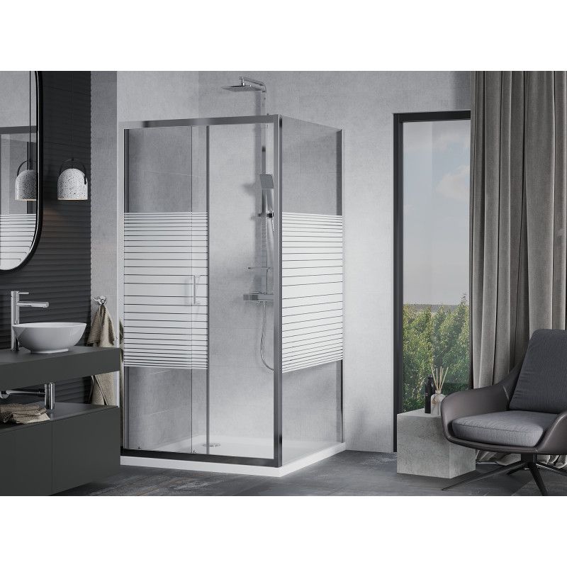 Kabina prysznicowa Mexen Apia rozsuwana 90 x 90 cm pasy chrom + brodzik Flat