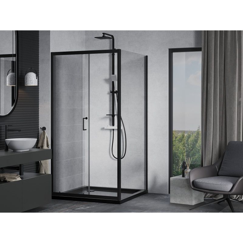 Kabina prysznicowa Mexen Apia rozsuwana 90 x 90 cm transparent czarna + brodzik Flat czarny