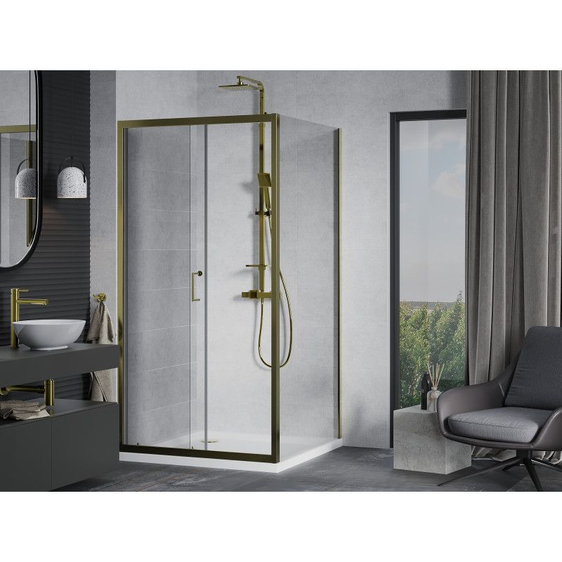 Kabina prysznicowa Mexen Apia rozsuwana 90 x 90 cm transparent złota + brodzik Flat biały