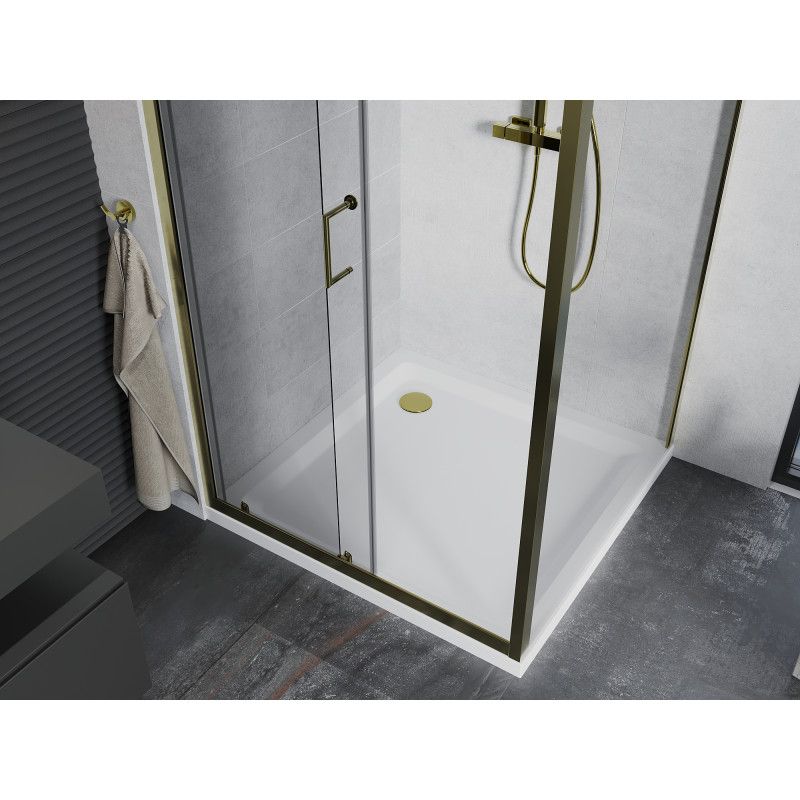 Kabina prysznicowa Mexen Apia rozsuwana 90 x 90 cm transparent złota + brodzik Flat biały