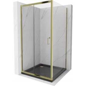 Kabina prysznicowa Mexen Apia rozsuwana 90 x 90 cm transparent złota + brodzik Flat czarny