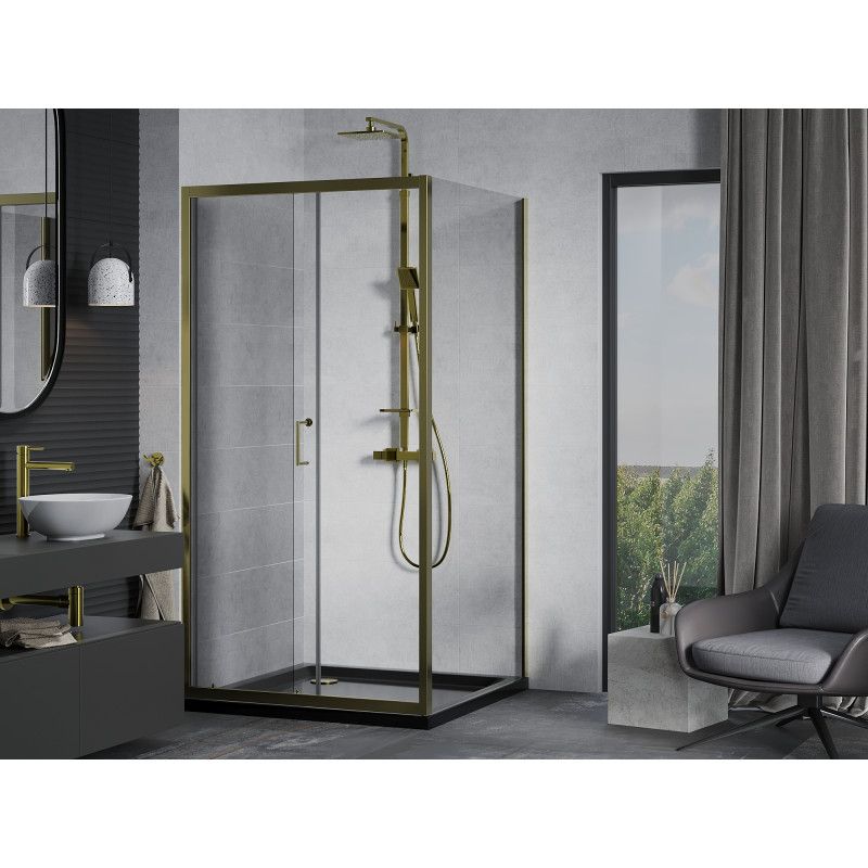 Kabina prysznicowa Mexen Apia rozsuwana 90 x 90 cm transparent złota + brodzik Flat czarny