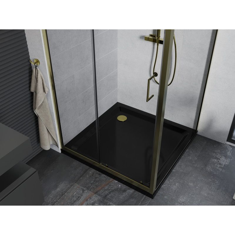 Kabina prysznicowa Mexen Apia rozsuwana 90 x 90 cm transparent złota + brodzik Flat czarny