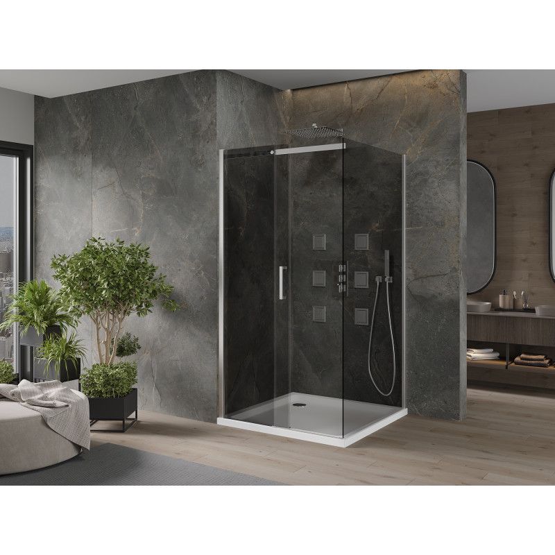 Kabina prysznicowa Mexen Omega rozsuwana 100 x 100 cm grafit chrom + brodzik Flat bialy