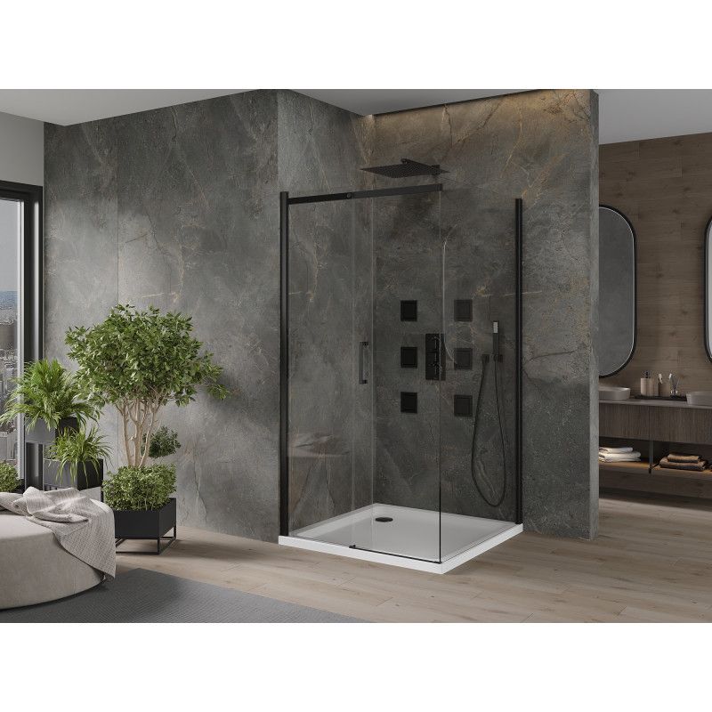 Kabina prysznicowa Mexen Omega rozsuwana 100 x 100 cm transparent czarna + brodzik Flat biały