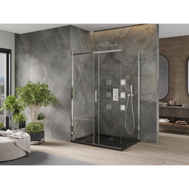 Kabina prysznicowa Mexen Omega rozsuwana 100 x 80 cm transparent chrom + brodzik Flat czarny