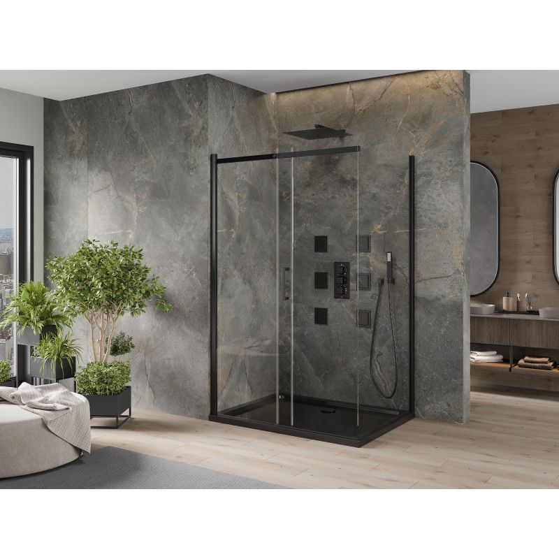 Kabina prysznicowa Mexen Omega rozsuwana 100 x 90 cm transparent czarna + brodzik Flat czarny