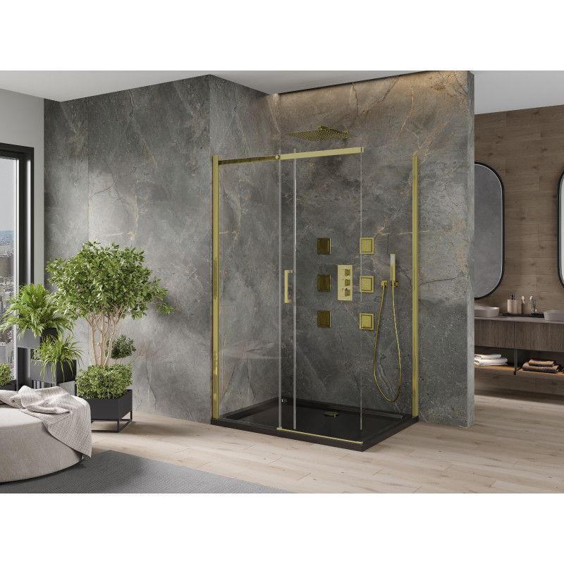 Kabina prysznicowa Mexen Omega rozsuwana 100 x 90 cm transparent złota + brodzik Flat czarny