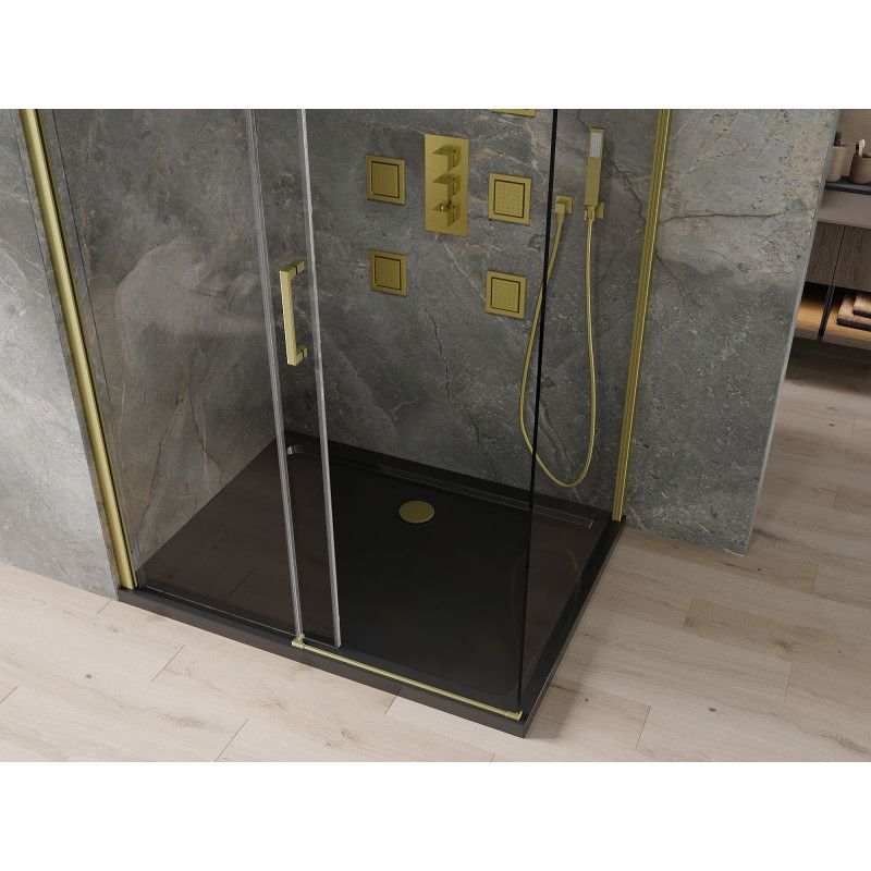Kabina prysznicowa Mexen Omega rozsuwana 100 x 90 cm transparent złota + brodzik Flat czarny
