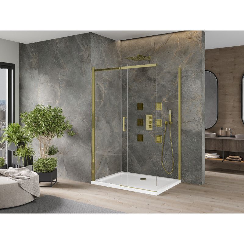 Kabina prysznicowa Mexen Omega rozsuwana 130 x 80 cm transparent złota + brodzik Flat