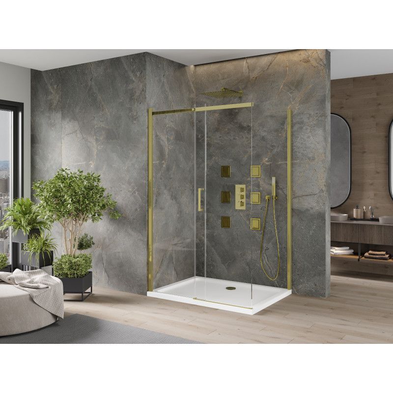 Kabina prysznicowa Mexen Omega rozsuwana 140 x 100 cm transparent złota + brodzik Flat